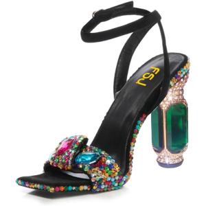 imageFSJ Women Open Toe Stylish Sandals Ankle Strap Chunky Block High Thick Heels Wedding Party Ballroom Shoes Size 415 USBlack Gems Green Heel