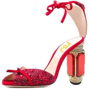 imageFSJ Women Open Toe Stylish Sandals Ankle Strap Chunky Block High Thick Heels Wedding Party Ballroom Shoes Size 415 USCrimson