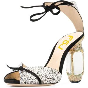 imageFSJ Women Open Toe Stylish Sandals Ankle Strap Chunky Block High Thick Heels Wedding Party Ballroom Shoes Size 415 USGlitter