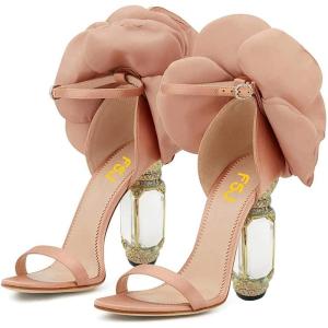 imageFSJ Women Open Toe Stylish Sandals Ankle Strap Chunky Block High Thick Heels Wedding Party Ballroom Shoes Size 415 USNude