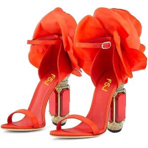 imageFSJ Women Open Toe Stylish Sandals Ankle Strap Chunky Block High Thick Heels Wedding Party Ballroom Shoes Size 415 USRed Orange