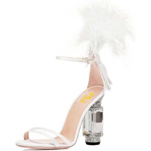 imageFSJ Women Open Toe Stylish Sandals Ankle Strap Chunky Block High Thick Heels Wedding Party Ballroom Shoes Size 415 USWhite Fur