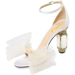 imageFSJ Women Open Toe Stylish Sandals Ankle Strap Chunky Block High Thick Heels Wedding Party Ballroom Shoes Size 415 USWhite Mesh