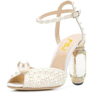 imageFSJ Women Open Toe Stylish Sandals Ankle Strap Chunky Block High Thick Heels Wedding Party Ballroom Shoes Size 415 USWhite Pearl