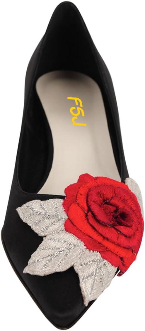 imageFSJ Women Vintage Kitten Low Heel Embroidery Pumps Cute Closed Pointed Toe Flower Satin Shoes Suitable for Wedding Daily Walking Dress Size 416 USBlack