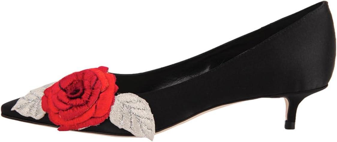 imageFSJ Women Vintage Kitten Low Heel Embroidery Pumps Cute Closed Pointed Toe Flower Satin Shoes Suitable for Wedding Daily Walking Dress Size 416 USBlack