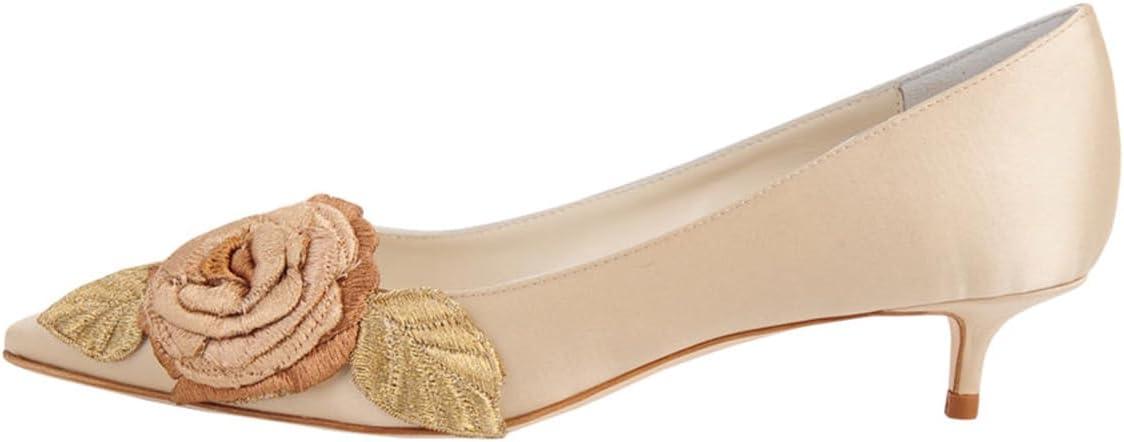 imageFSJ Women Vintage Kitten Low Heel Embroidery Pumps Cute Closed Pointed Toe Flower Satin Shoes Suitable for Wedding Daily Walking Dress Size 416 USChampagne