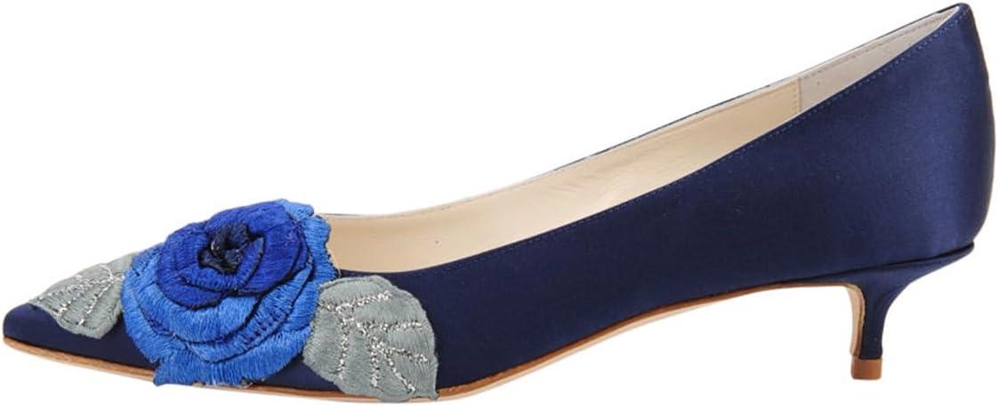 imageFSJ Women Vintage Kitten Low Heel Embroidery Pumps Cute Closed Pointed Toe Flower Satin Shoes Suitable for Wedding Daily Walking Dress Size 416 USNavy Blue