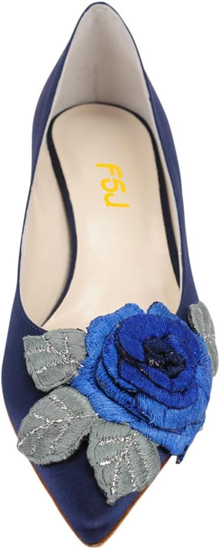 imageFSJ Women Vintage Kitten Low Heel Embroidery Pumps Cute Closed Pointed Toe Flower Satin Shoes Suitable for Wedding Daily Walking Dress Size 416 USNavy Blue
