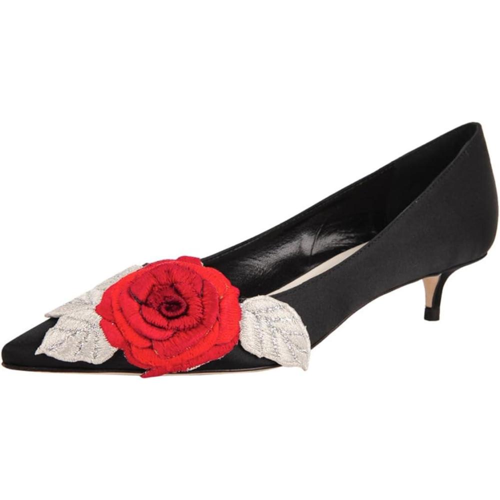 imageFSJ Women Vintage Kitten Low Heel Embroidery Pumps Cute Closed Pointed Toe Flower Satin Shoes Suitable for Wedding Daily Walking Dress Size 416 USBlack
