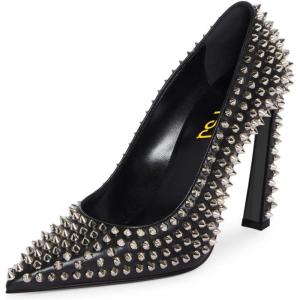 imageFSJ Women Classic Pumps Closed Pointed Toe Slim High Heel Fashion Studded Rivets Slip On Cocktail Party Prom Sexy Dress Shoes Size 416 USBlack