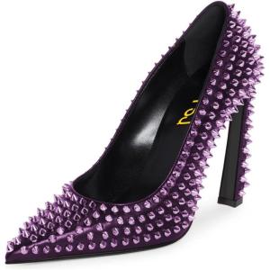 imageFSJ Women Classic Pumps Closed Pointed Toe Slim High Heel Fashion Studded Rivets Slip On Cocktail Party Prom Sexy Dress Shoes Size 416 USPurple