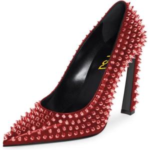 imageFSJ Women Classic Pumps Closed Pointed Toe Slim High Heel Fashion Studded Rivets Slip On Cocktail Party Prom Sexy Dress Shoes Size 416 USRed