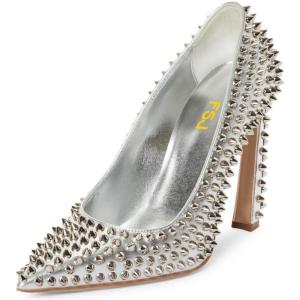 imageFSJ Women Classic Pumps Closed Pointed Toe Slim High Heel Fashion Studded Rivets Slip On Cocktail Party Prom Sexy Dress Shoes Size 416 USSilver