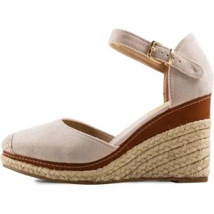 imageFSJ Women Closed Toe Espadrilles Dressy Wedge Sandal Ankle Strap Buckle High Heels Comfort Platform Sandals Shoes Size 415 USBeige