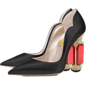 imageFSJ Women Pointed Toe Crystal High Heel Pumps Comfort Slip On Chunky Block Heel Bridal Wedding Evening Party Prom Shoes Size 415 USBlack