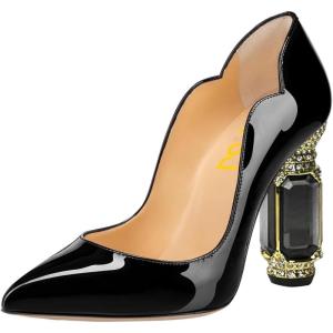 imageFSJ Women Pointed Toe Crystal High Heel Pumps Comfort Slip On Chunky Block Heel Bridal Wedding Evening Party Prom Shoes Size 415 USBlack Patent
