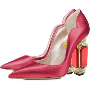 imageFSJ Women Pointed Toe Crystal High Heel Pumps Comfort Slip On Chunky Block Heel Bridal Wedding Evening Party Prom Shoes Size 415 USCrimson