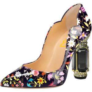 imageFSJ Women Pointed Toe Crystal High Heel Pumps Comfort Slip On Chunky Block Heel Bridal Wedding Evening Party Prom Shoes Size 415 USFlower