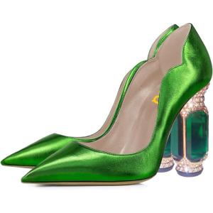 imageFSJ Women Pointed Toe Crystal High Heel Pumps Comfort Slip On Chunky Block Heel Bridal Wedding Evening Party Prom Shoes Size 415 USGreen