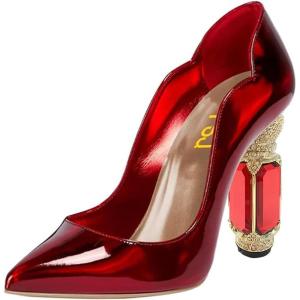 imageFSJ Women Pointed Toe Crystal High Heel Pumps Comfort Slip On Chunky Block Heel Bridal Wedding Evening Party Prom Shoes Size 415 USRed Mirror