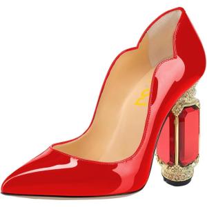 imageFSJ Women Pointed Toe Crystal High Heel Pumps Comfort Slip On Chunky Block Heel Bridal Wedding Evening Party Prom Shoes Size 415 USRed Patent