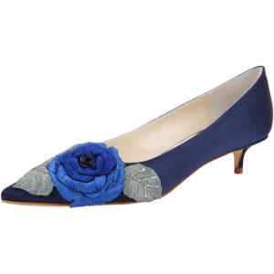 imageFSJ Women Vintage Kitten Low Heel Embroidery Pumps Cute Closed Pointed Toe Flower Satin Shoes Suitable for Wedding Daily Walking Dress Size 416 USNavy Blue