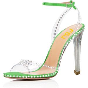 imageFSJ Women Clear Rhinestone Ankle Strap Slingback Open Toe Sandals High Stiletto Heels Buckle Up Sexy Office Shoes Size 415 M USLawngreen