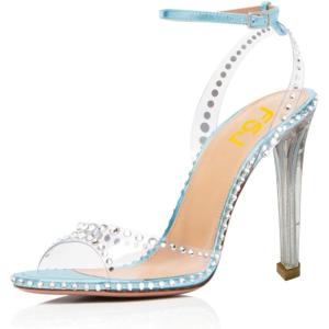 imageFSJ Women Clear Rhinestone Ankle Strap Slingback Open Toe Sandals High Stiletto Heels Buckle Up Sexy Office Shoes Size 415 M USLightblue