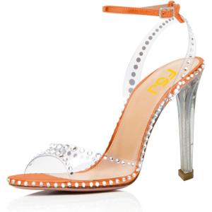 imageFSJ Women Clear Rhinestone Ankle Strap Slingback Open Toe Sandals High Stiletto Heels Buckle Up Sexy Office Shoes Size 415 M USOrange
