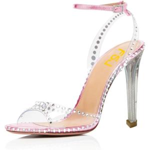 imageFSJ Women Clear Rhinestone Ankle Strap Slingback Open Toe Sandals High Stiletto Heels Buckle Up Sexy Office Shoes Size 415 M USPink
