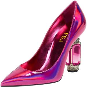imageFSJ Women Crystal Chunky High Heel Pumps Closed Pointed Toe Sexy Block Heels with Rhinestones Slip On Bridal Party Wedding Dress Shoes Size 416 USFuchsia Mirror Leather