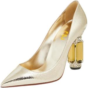 imageFSJ Women Crystal Chunky High Heel Pumps Closed Pointed Toe Sexy Block Heels with Rhinestones Slip On Bridal Party Wedding Dress Shoes Size 416 USGold