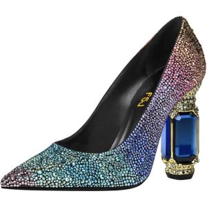 imageFSJ Women Crystal Chunky High Heel Pumps Closed Pointed Toe Sexy Block Heels with Rhinestones Slip On Bridal Party Wedding Dress Shoes Size 416 USMulticolor Rhinestones