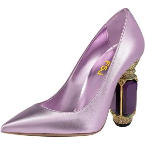 imageFSJ Women Crystal Chunky High Heel Pumps Closed Pointed Toe Sexy Block Heels with Rhinestones Slip On Bridal Party Wedding Dress Shoes Size 416 USPurple