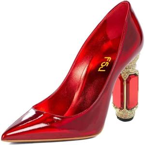 imageFSJ Women Crystal Chunky High Heel Pumps Closed Pointed Toe Sexy Block Heels with Rhinestones Slip On Bridal Party Wedding Dress Shoes Size 416 USRed Mirror Leather