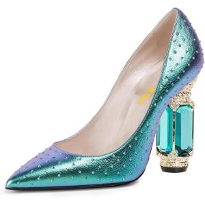 imageFSJ Women Crystal Chunky High Heel Pumps Closed Pointed Toe Sexy Block Heels with Rhinestones Slip On Bridal Party Wedding Dress Shoes Size 416 USTurquoise Studded