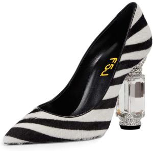 imageFSJ Women Crystal Chunky High Heel Pumps Closed Pointed Toe Sexy Block Heels with Rhinestones Slip On Bridal Party Wedding Dress Shoes Size 416 USZebra