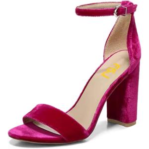 imageFSJ Women Classic Chunky High Heel Sandals Open Toe Ankle Strap Single Band Dress Wedding Party Sexy Shoes Size 415 USFuchsia Velvet