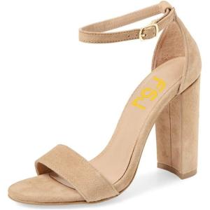 imageFSJ Women Classic Chunky High Heel Sandals Open Toe Ankle Strap Single Band Dress Wedding Party Sexy Shoes Size 415 USNude Suede