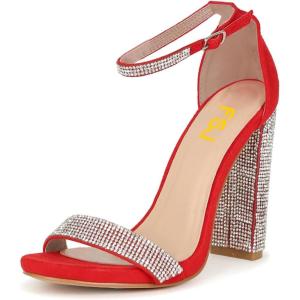 imageFSJ Women Classic Chunky High Heel Sandals Open Toe Ankle Strap Single Band Dress Wedding Party Sexy Shoes Size 415 USRedcrystal