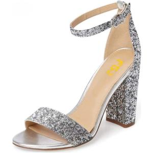 imageFSJ Women Classic Chunky High Heel Sandals Open Toe Ankle Strap Single Band Dress Wedding Party Sexy Shoes Size 415 USSilver Glitter