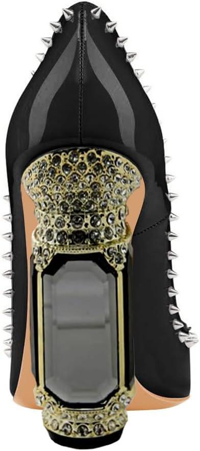 imageFSJ Women Bridal Pointed Toe Chunky Block High Heel Crystal Pumps Slip on Wedding Thick Comfort Evening Dress Studded Rivets ShoesBlack