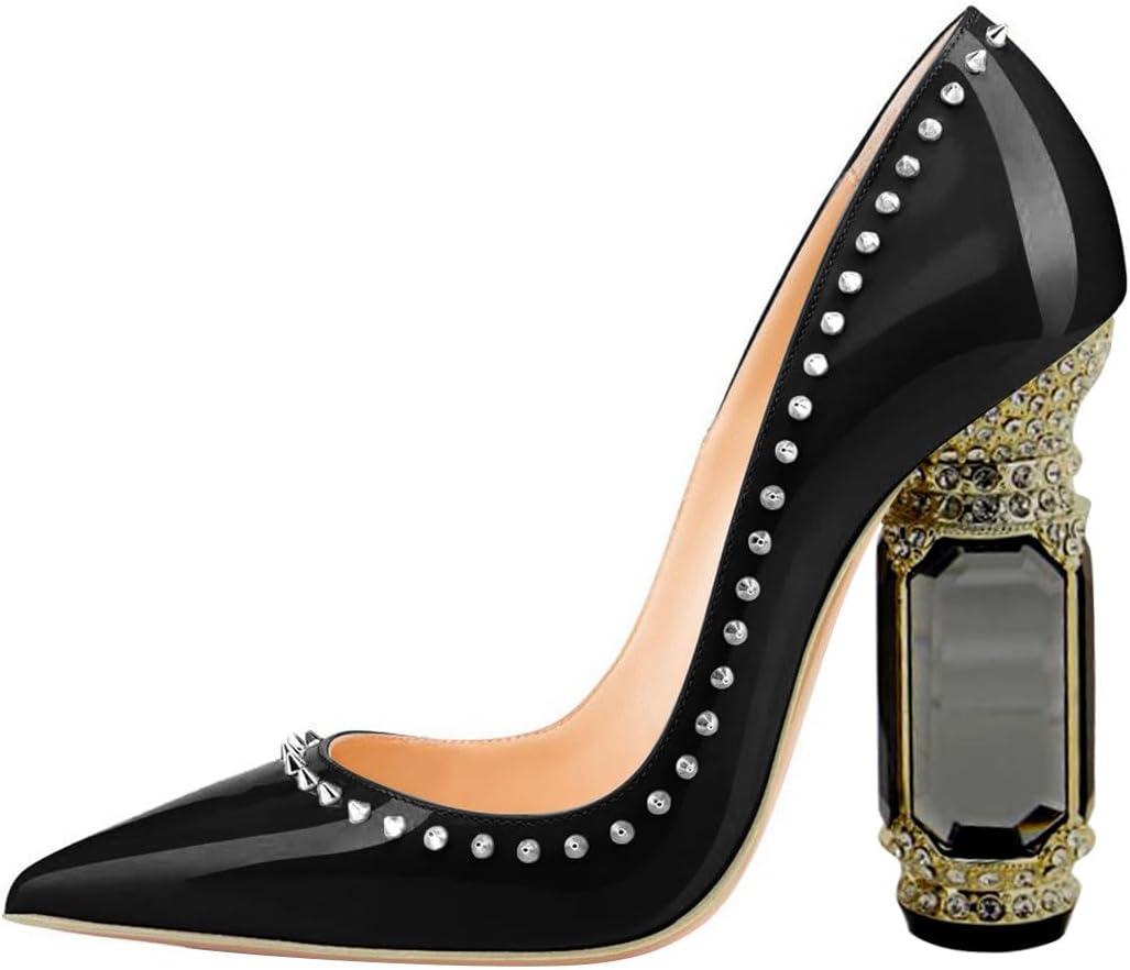 imageFSJ Women Bridal Pointed Toe Chunky Block High Heel Crystal Pumps Slip on Wedding Thick Comfort Evening Dress Studded Rivets ShoesBlack