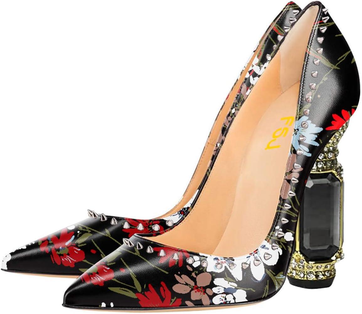 imageFSJ Women Bridal Pointed Toe Chunky Block High Heel Crystal Pumps Slip on Wedding Thick Comfort Evening Dress Studded Rivets ShoesBlack Flower