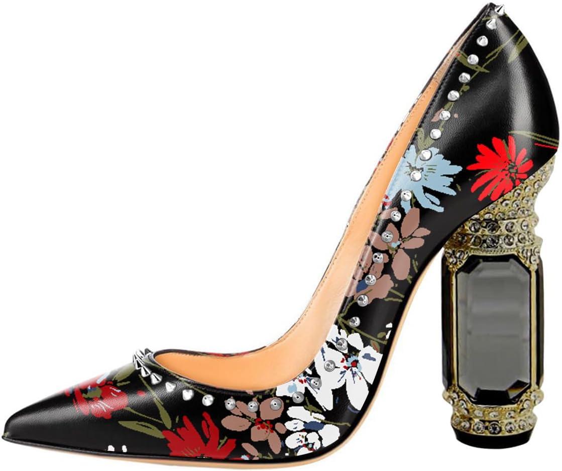 imageFSJ Women Bridal Pointed Toe Chunky Block High Heel Crystal Pumps Slip on Wedding Thick Comfort Evening Dress Studded Rivets ShoesBlack Flower