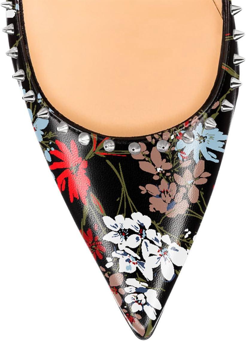 imageFSJ Women Bridal Pointed Toe Chunky Block High Heel Crystal Pumps Slip on Wedding Thick Comfort Evening Dress Studded Rivets ShoesBlack Flower