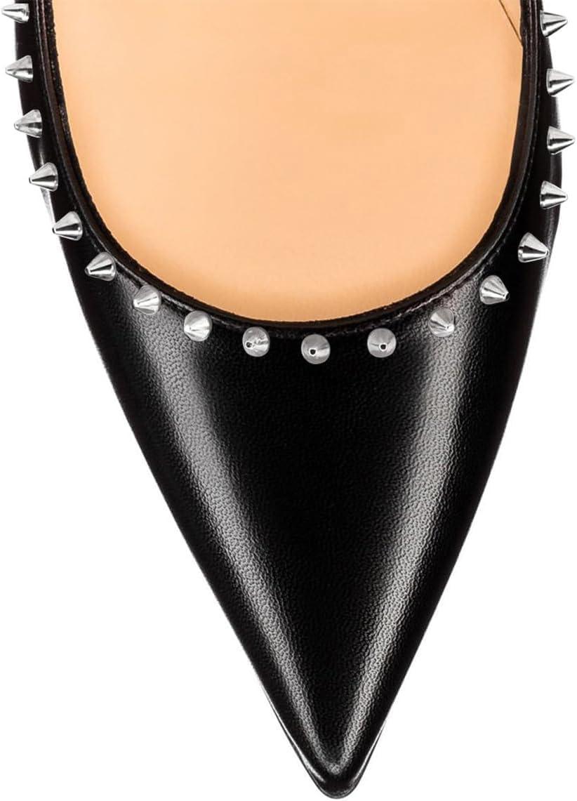 imageFSJ Women Bridal Pointed Toe Chunky Block High Heel Crystal Pumps Slip on Wedding Thick Comfort Evening Dress Studded Rivets ShoesBlack Matte Leather