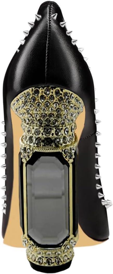 imageFSJ Women Bridal Pointed Toe Chunky Block High Heel Crystal Pumps Slip on Wedding Thick Comfort Evening Dress Studded Rivets ShoesBlack Matte Leather