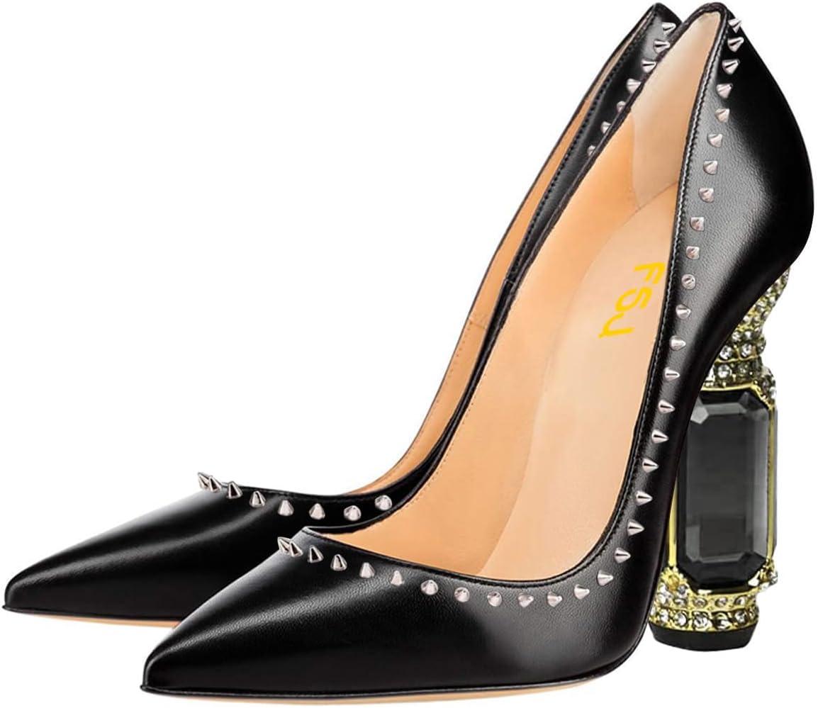 imageFSJ Women Bridal Pointed Toe Chunky Block High Heel Crystal Pumps Slip on Wedding Thick Comfort Evening Dress Studded Rivets ShoesBlack Matte Leather
